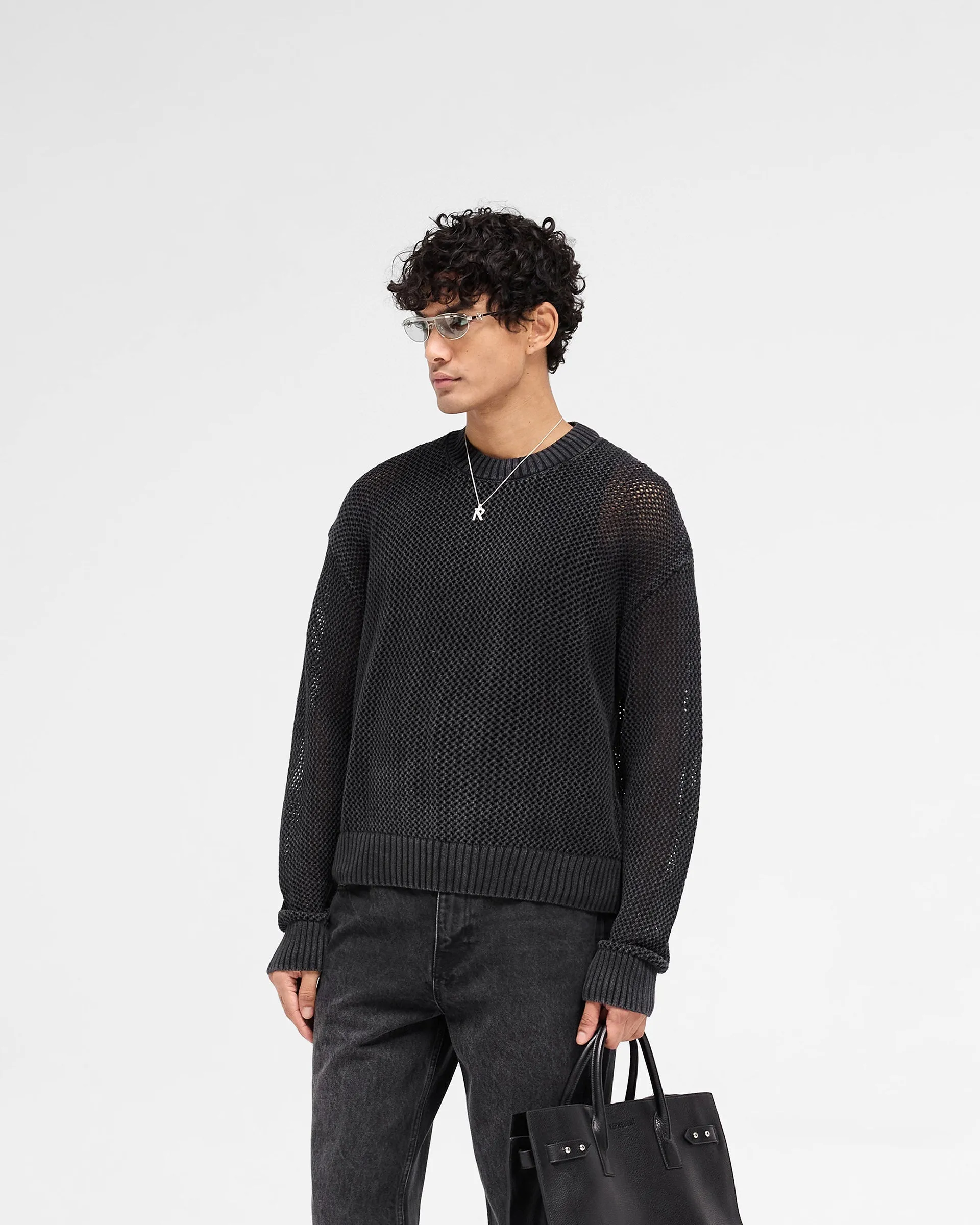 Open Gauge Knit Sweater - Jet Black Biodegradable Fiber Blend Turtle Neck Variant