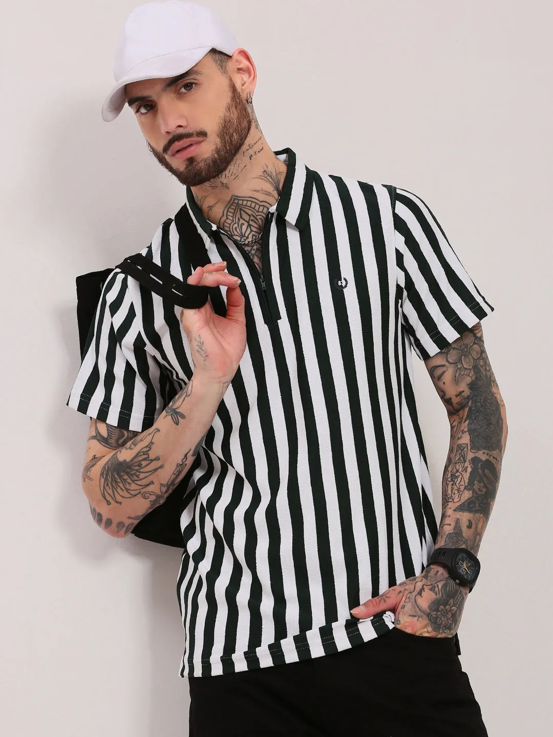 Men's Green Striped Polo Collar Classic T-Shirt SmoothFinish