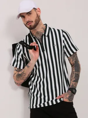 Men's Green Striped Polo Collar Classic T-Shirt SmoothFinish