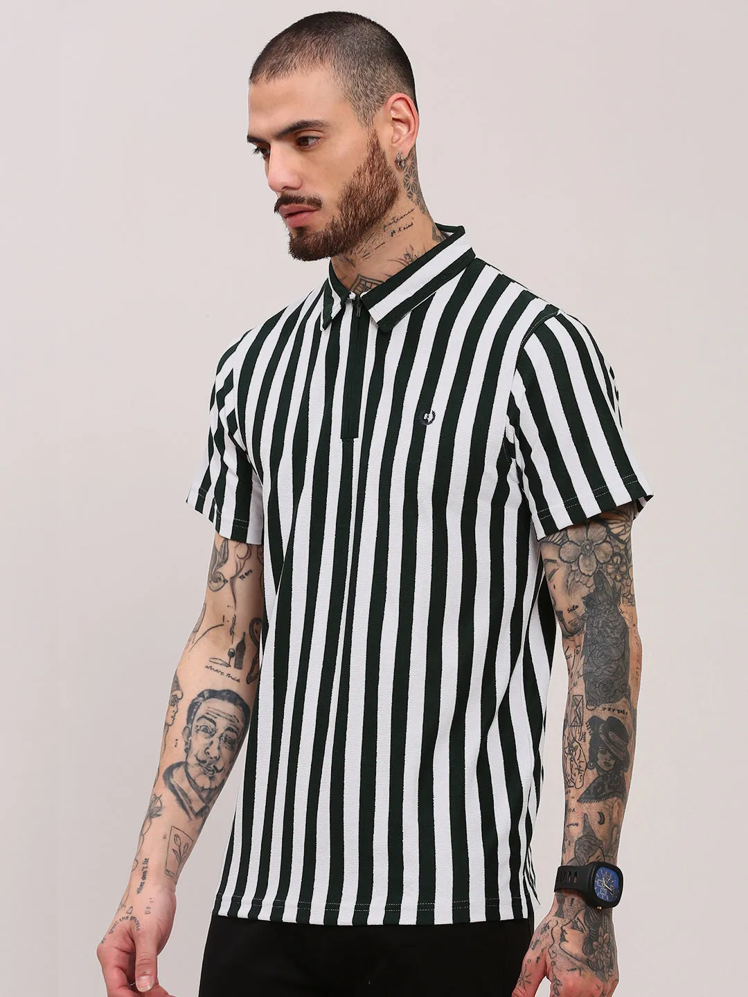 Romance Fit Men's Green Striped Polo Collar Classic T-Shirt