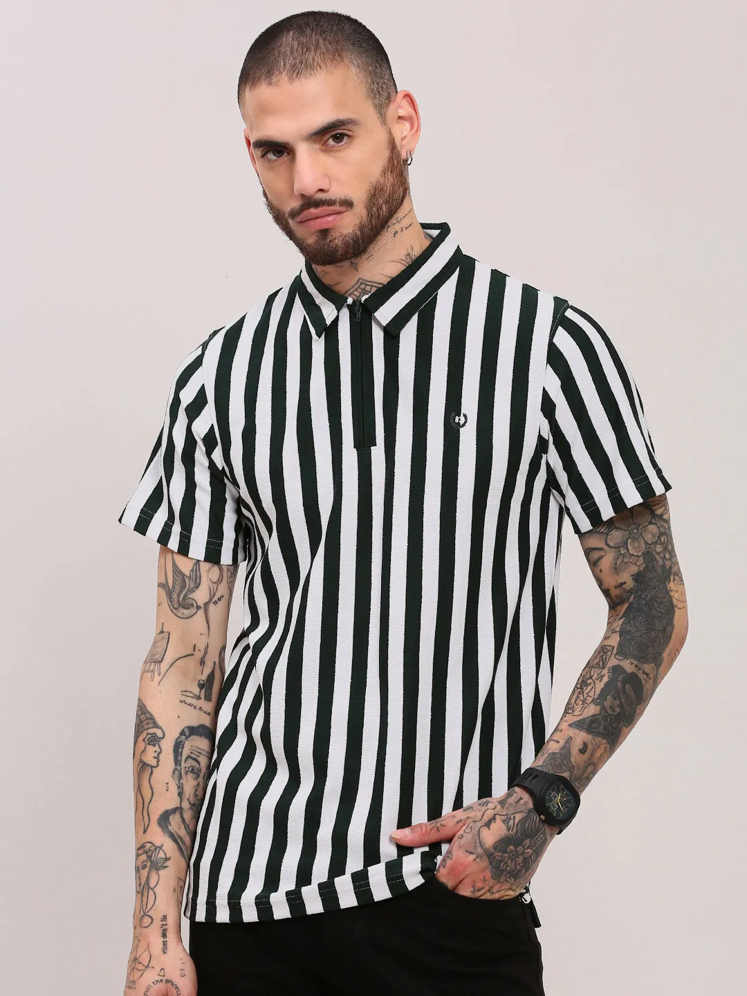 DurableSeams Men's Green Striped Polo Collar Classic T-Shirt