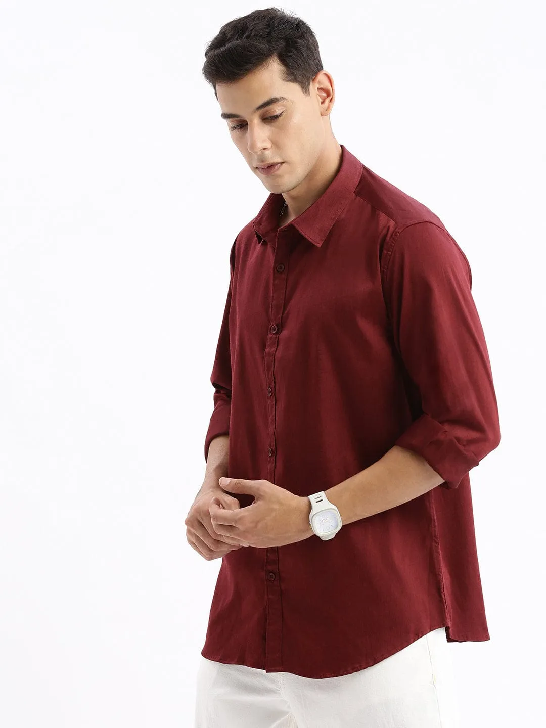 Men's Maroon Standard Slim Fit Cotton Casual Shirt FlexibleFit