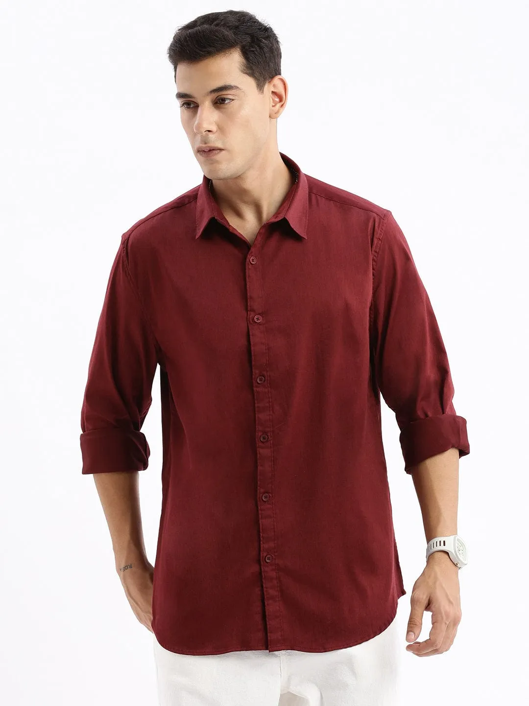 Ethic Core Eco Core Men's Maroon Standard Slim Fit Cotton Casual Shirt