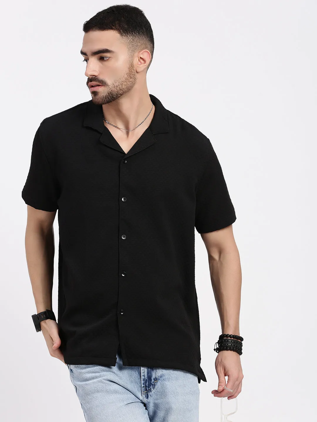 SeamlessConstruction Ocean Fit Men's Black Cuban Collar Solid Relaxed Fit Shirt