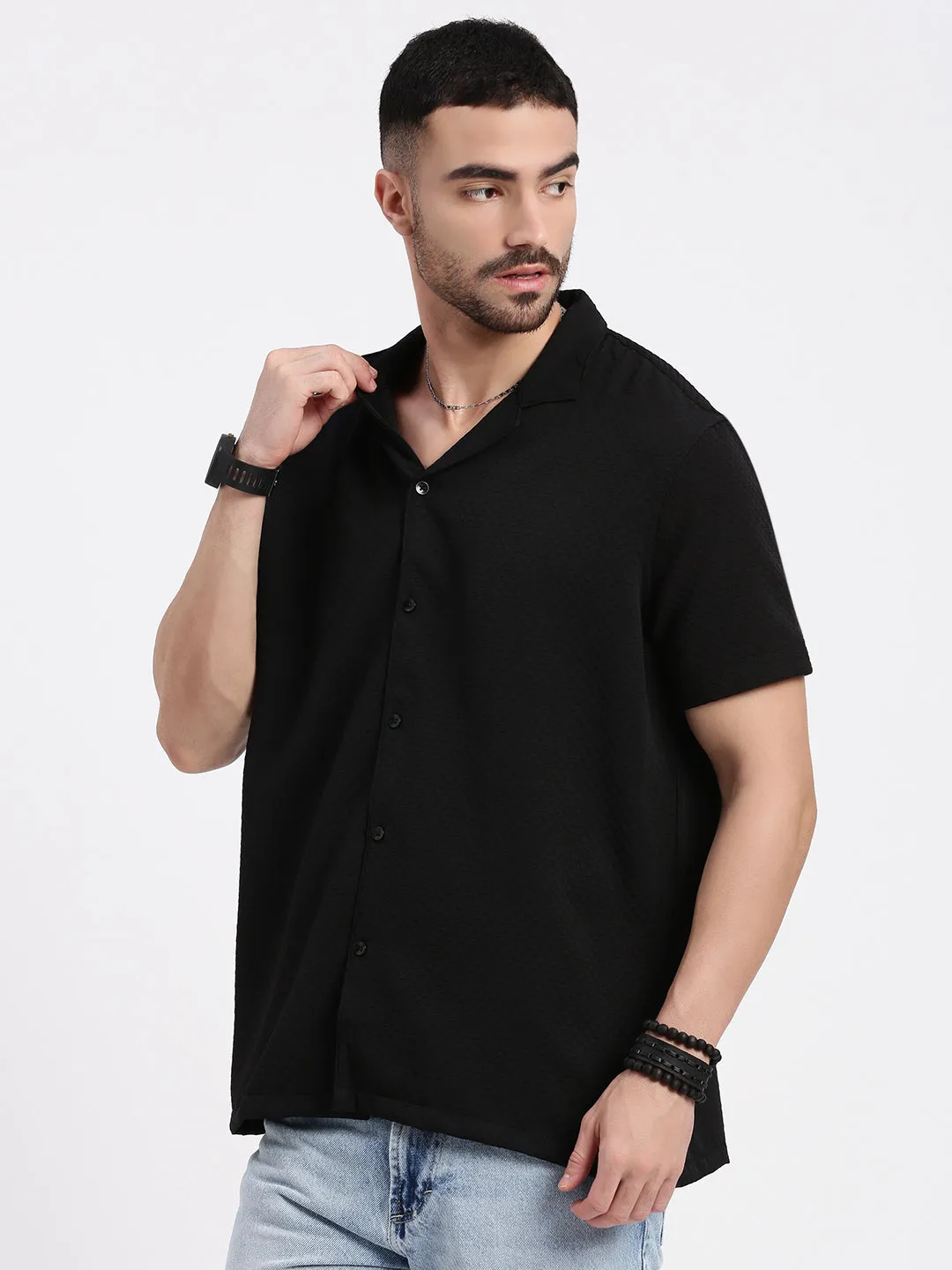 Men's Black Cuban Collar Solid Relaxed Fit Shirt UVProtectionFinish Athletic Hoodie