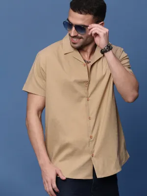All Day Men's Beige Cuban Collar Solid Shirt