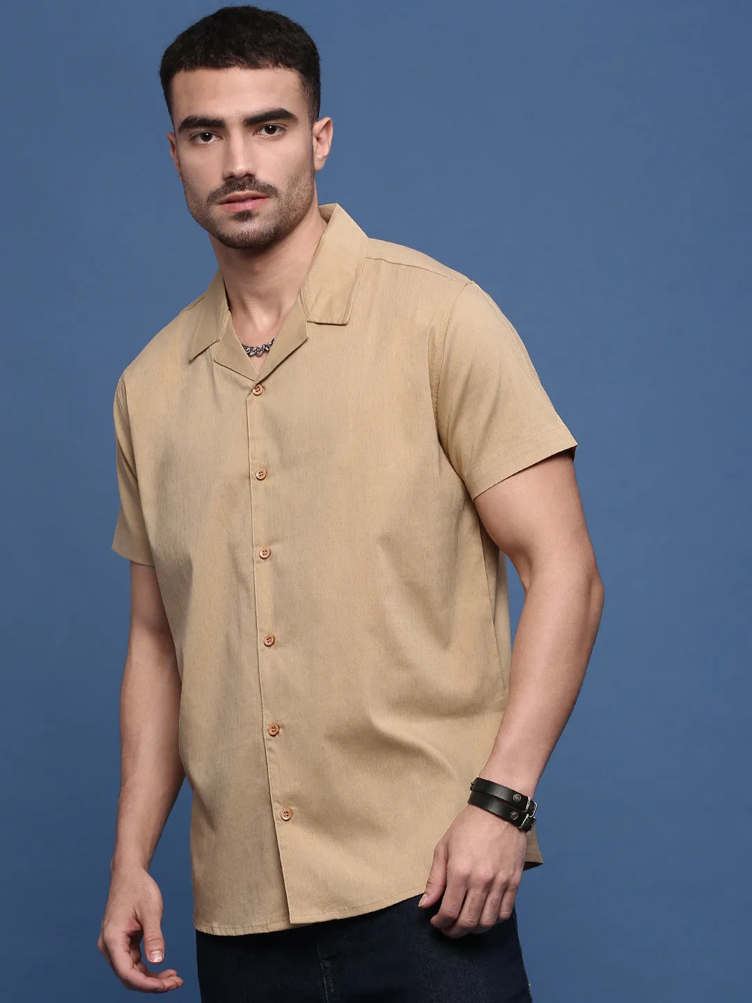 Travel Light Men's Beige Cuban Collar Solid Shirt
