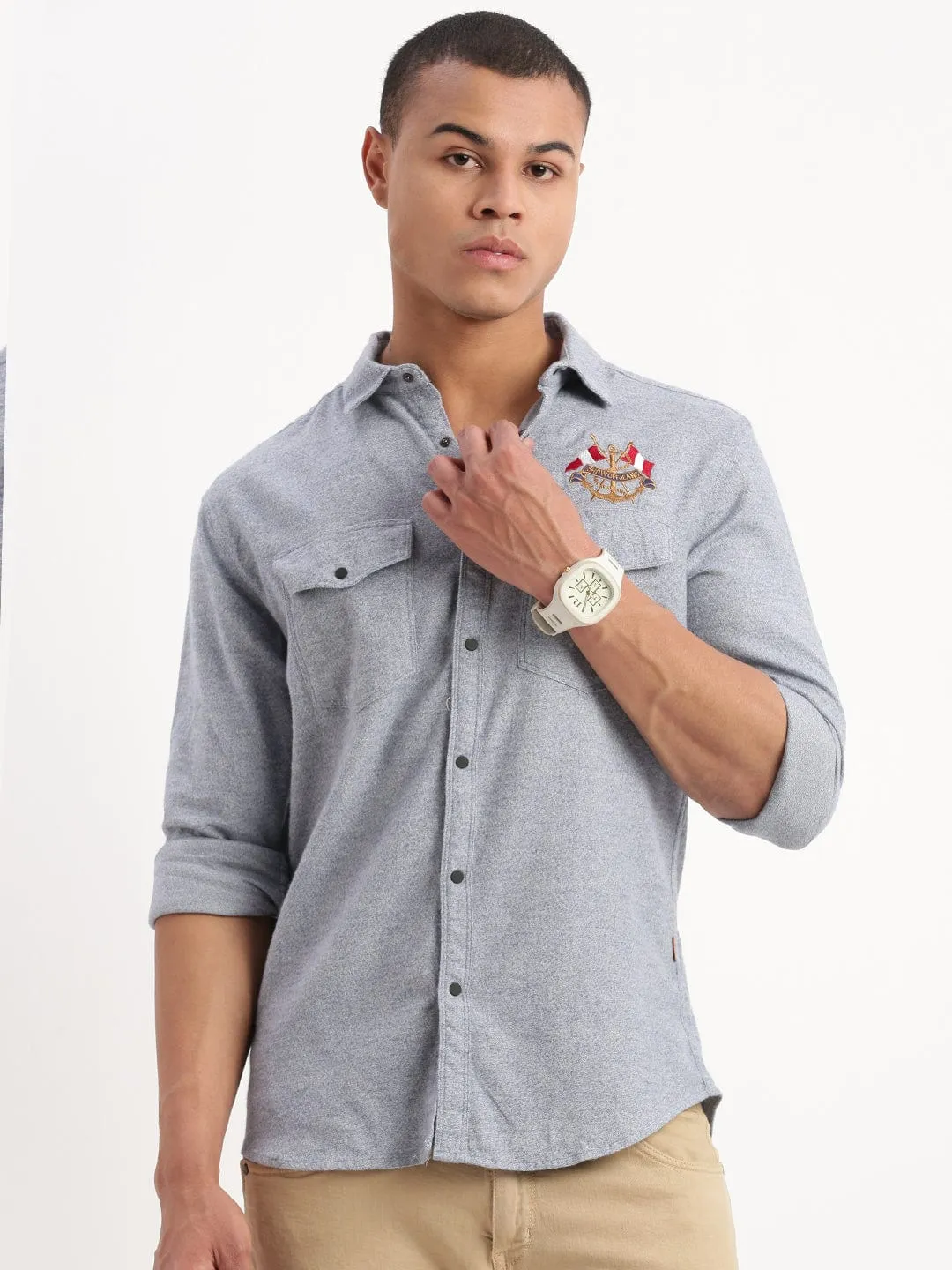 Men's Blue Standard Textured Slim Fit Cotton Casual Shirt LightweightTextile