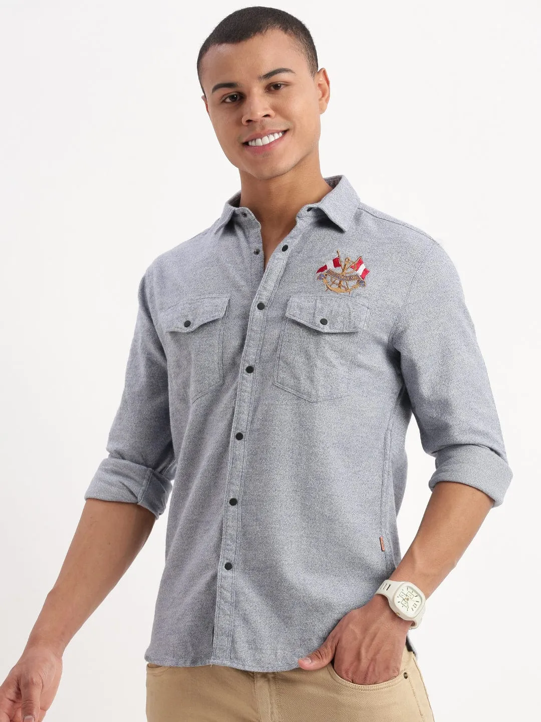 outdoor mode All-Weather Wear Men's Blue Standard Textured Slim Fit Cotton Casual Shirt