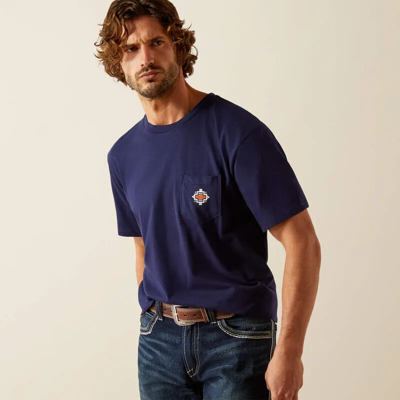 Ariat Men's Southwest Logo Graphic Pocket T-Shirt in Classic Blue Basic Wardrobe Piece UVProtectionFinish