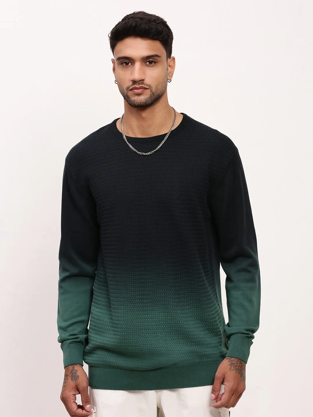 Men's Green Gradient knitted Sweater Brushed Interior