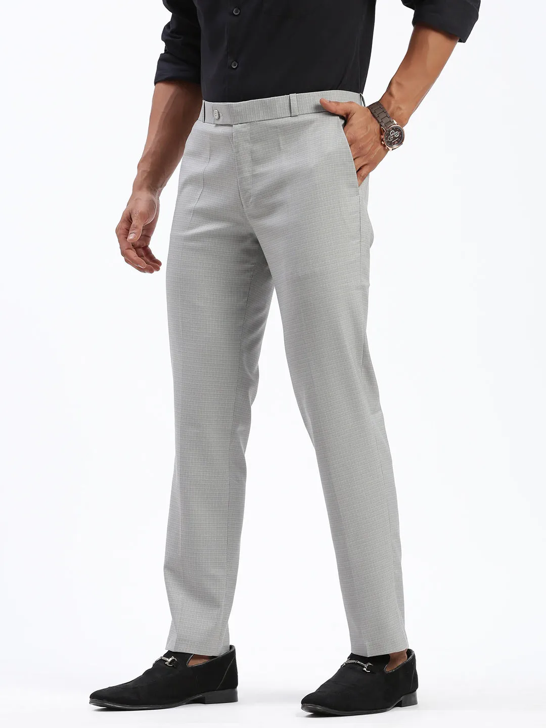 Breathable Layer Men's Grey Cotton Comfort Slim Fit Low-Rise Formal Trousers