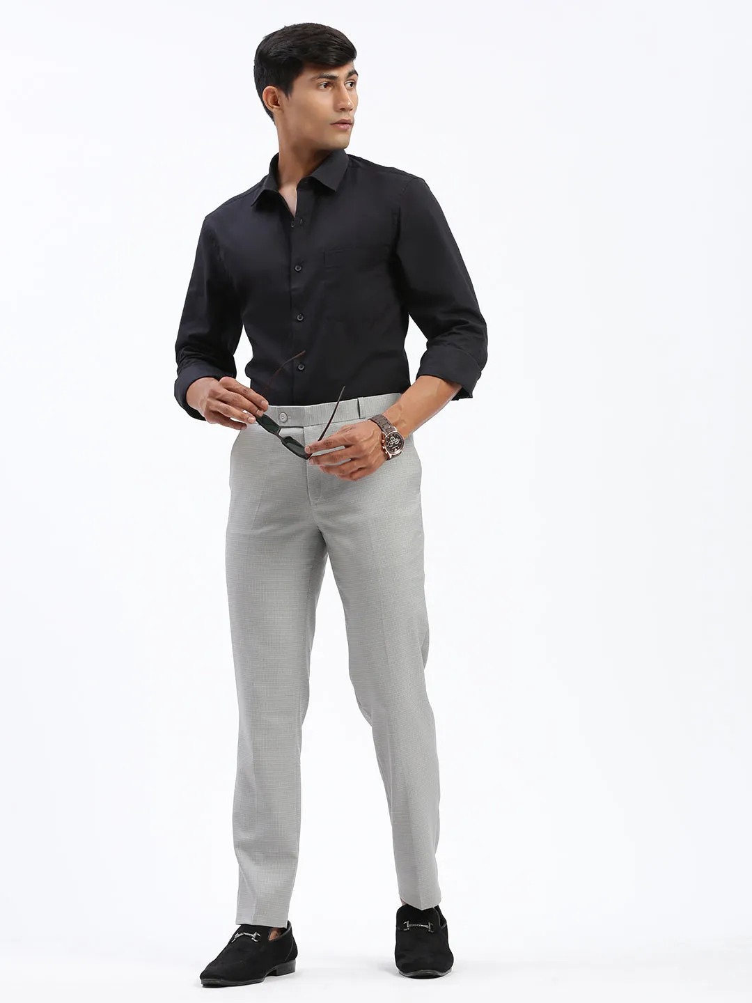 Men's Grey Cotton Comfort Slim Fit Low-Rise Formal Trousers Quick Layering Recycled Polyester Blend