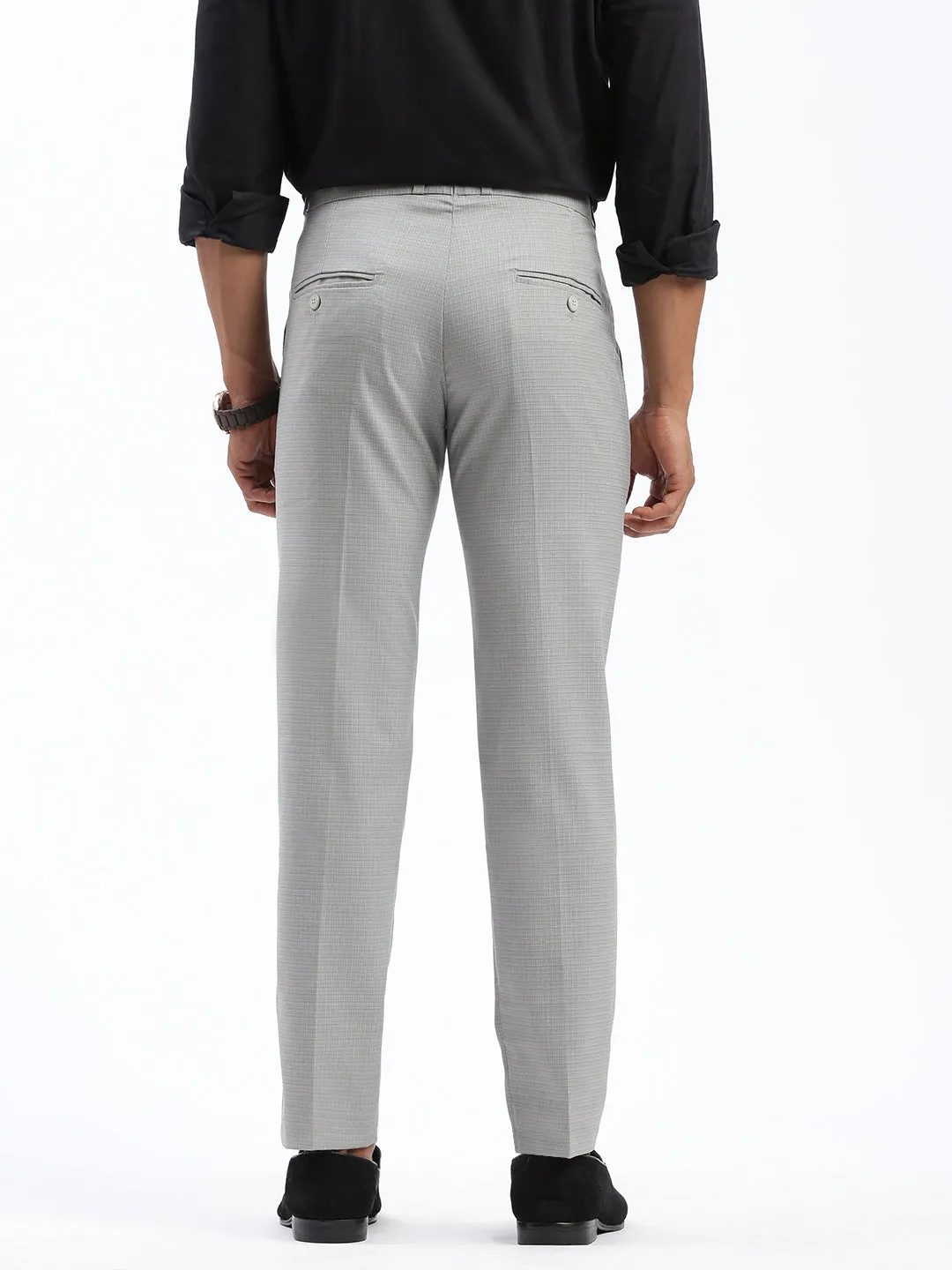 Men's Grey Cotton Comfort Slim Fit Low-Rise Formal Trousers Body Contour