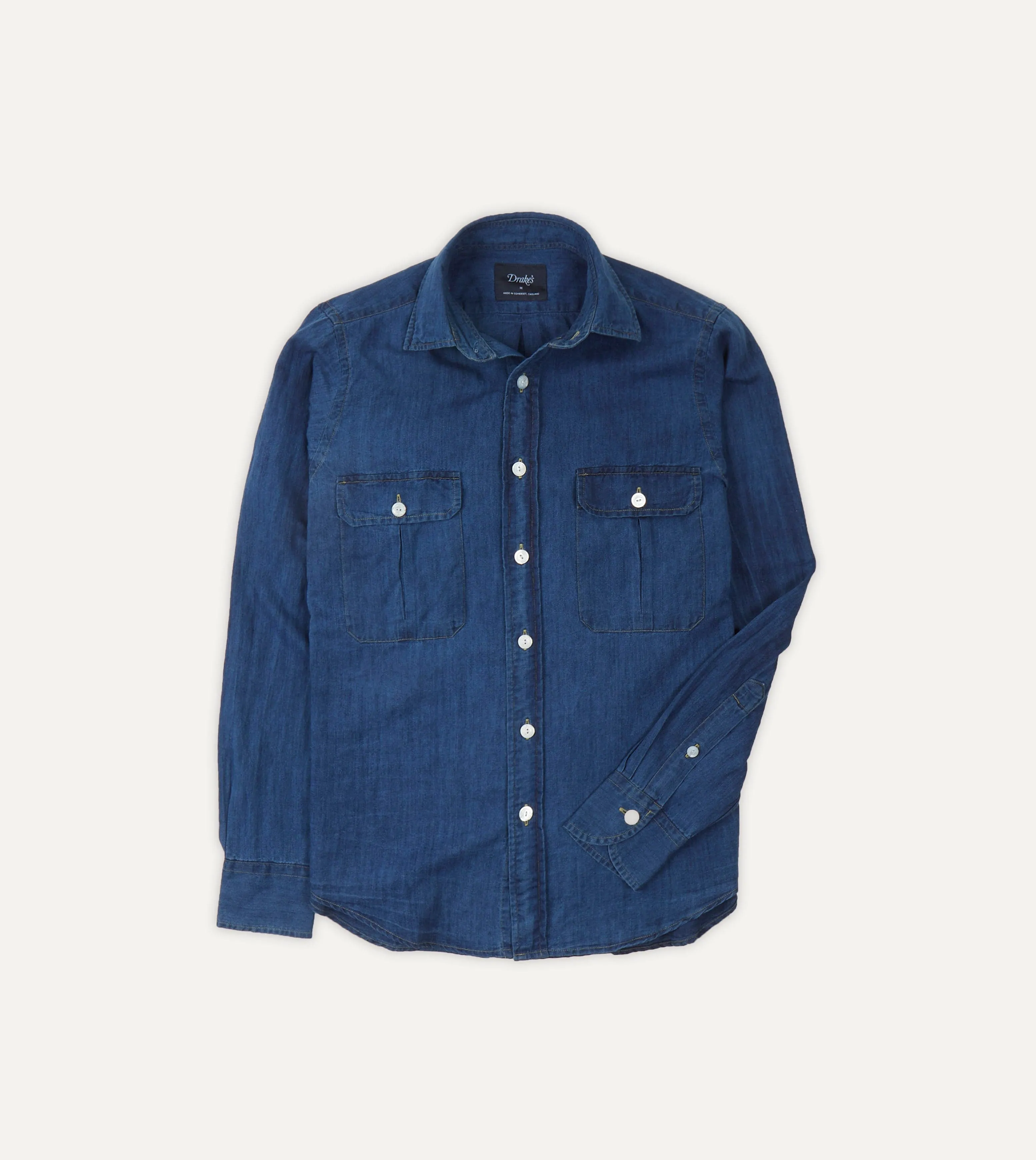 Blue Cotton Linen Two-Pocket Work Shirt Heather Texture Finish