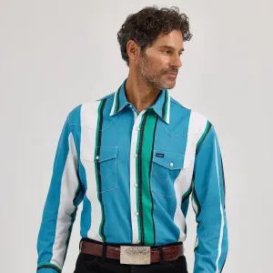 Wrangler Men's L/S Vintage Inspired Brushpopper Western Snap Work Shirt in Azure Stripe DoubleLayeredCollar