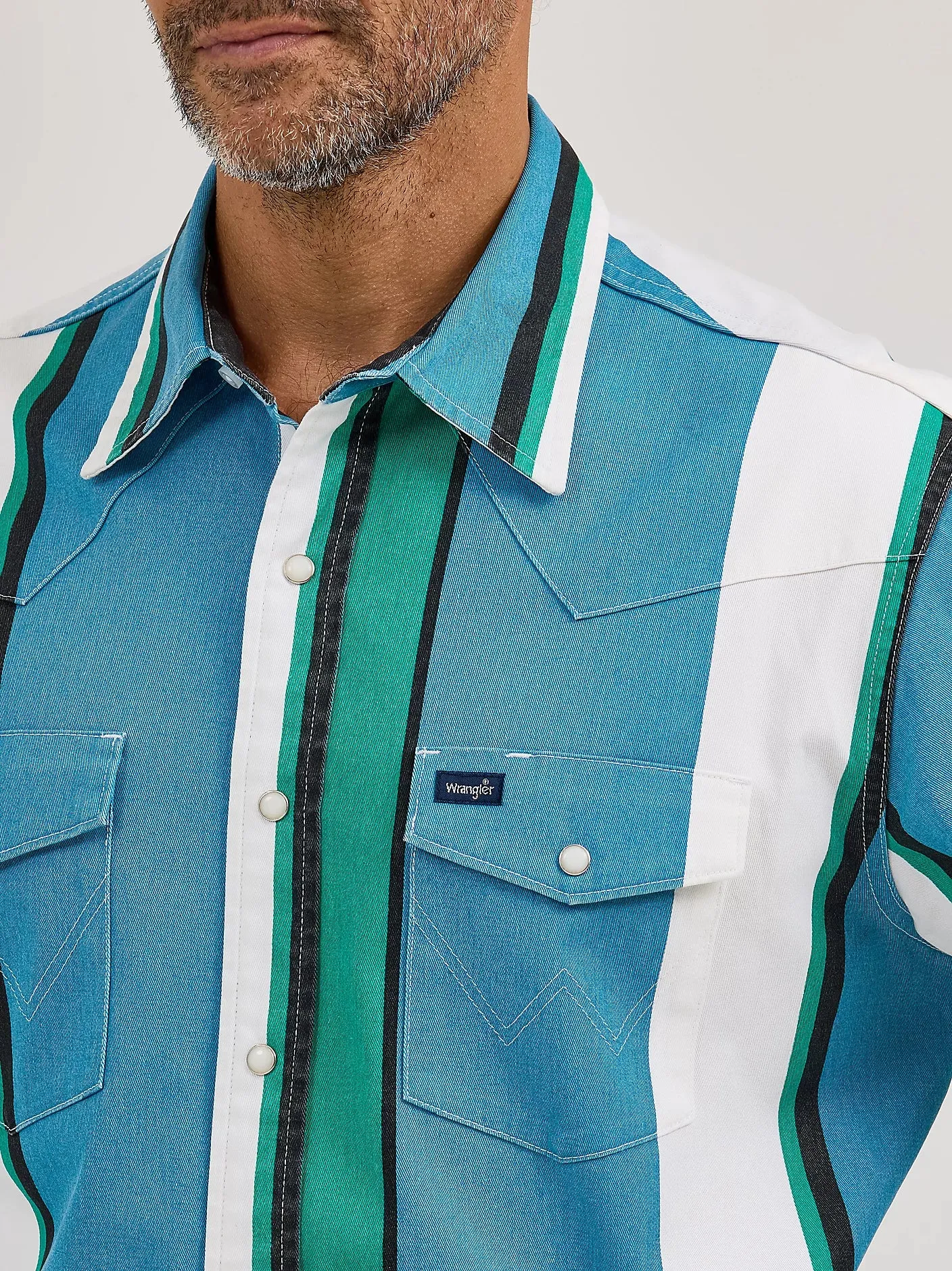 Wrangler Men's L/S Vintage Inspired Brushpopper Western Snap Work Shirt in Azure Stripe Anti Pilling Treatment Chic Casual Wear