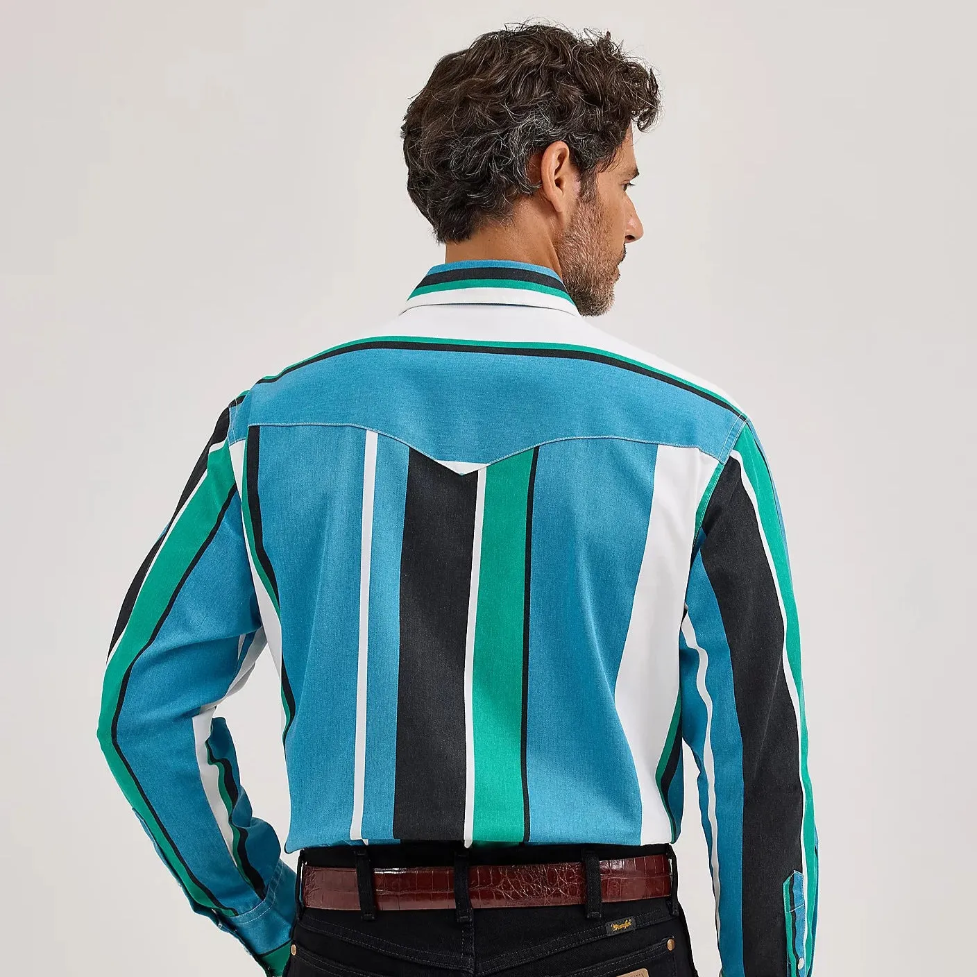 Wrangler Men's L/S Vintage Inspired Brushpopper Western Snap Work Shirt in Azure Stripe Chilly Day Style