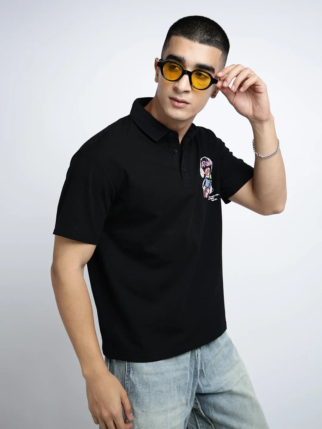 New Day Men's Graphic Print Black Short Sleeves Polo Collar Regular Fit T-Shirt