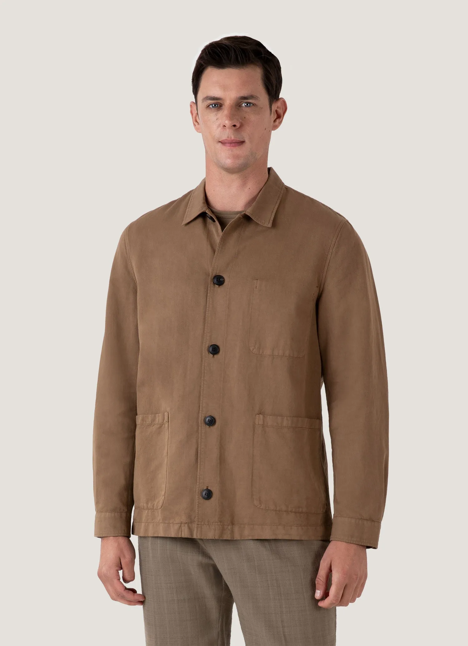 Convertible Collar Design Men's Cotton Linen Twin Pocket Jacket in Dark Tan