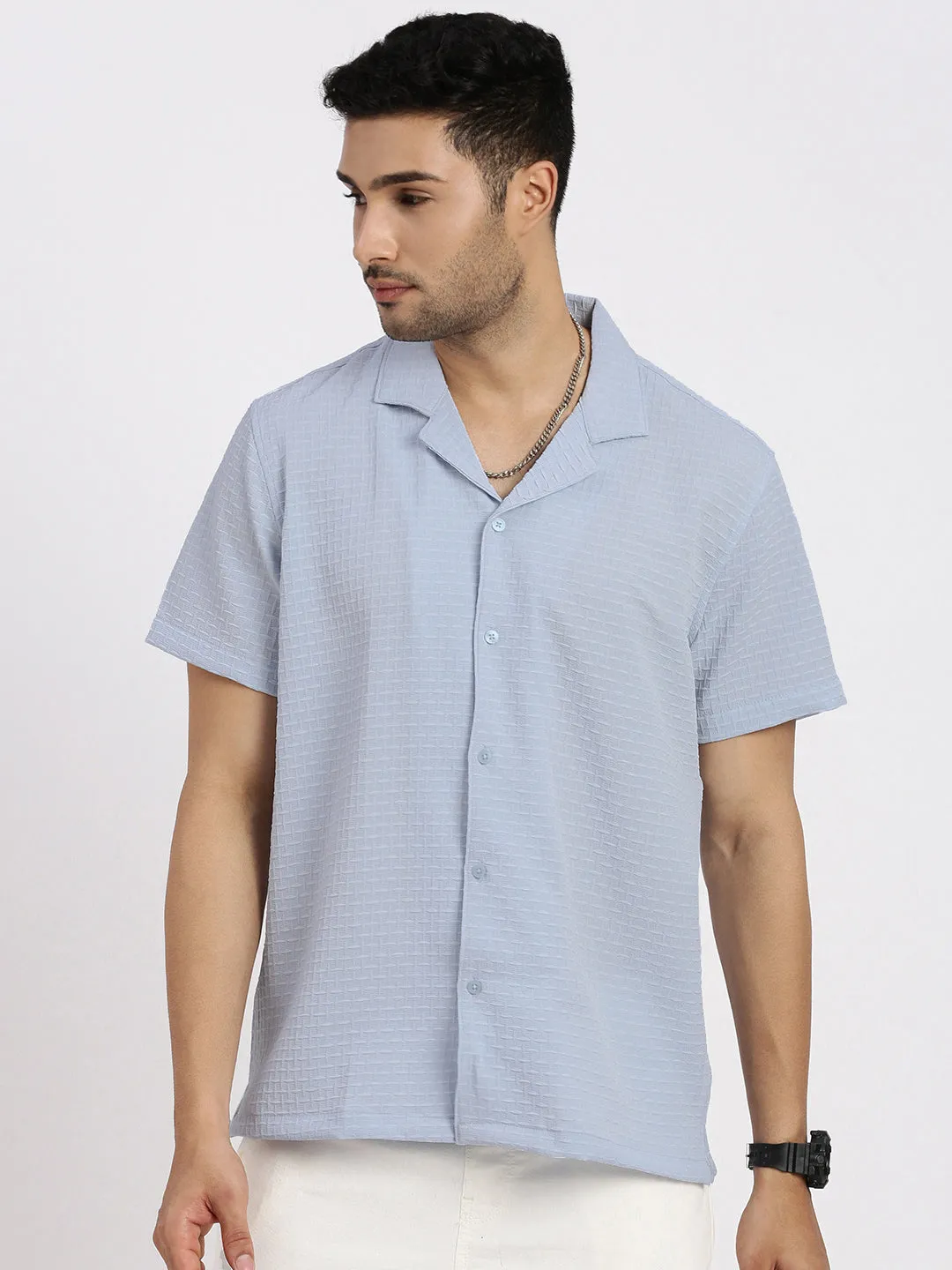 Men's Blue Cuban Collar Solid Shirt NonRestrictive Cut FadeResistantColors