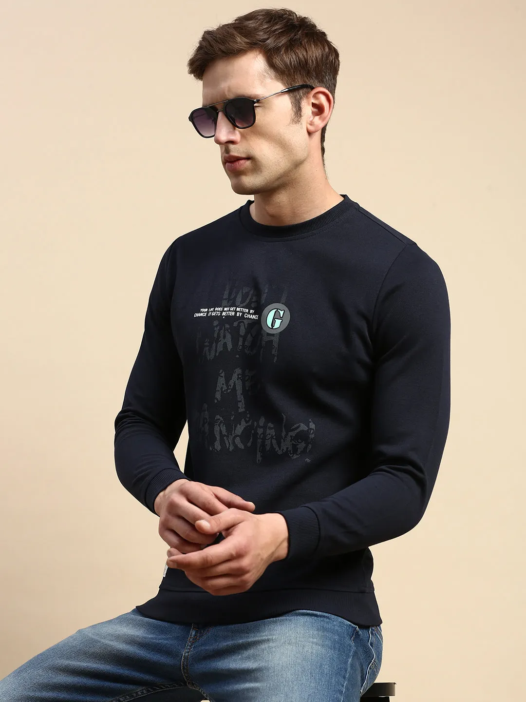 Men's Navy Blue Typography Printed Sweatshirt snap buttoned Chilly Day Outfit