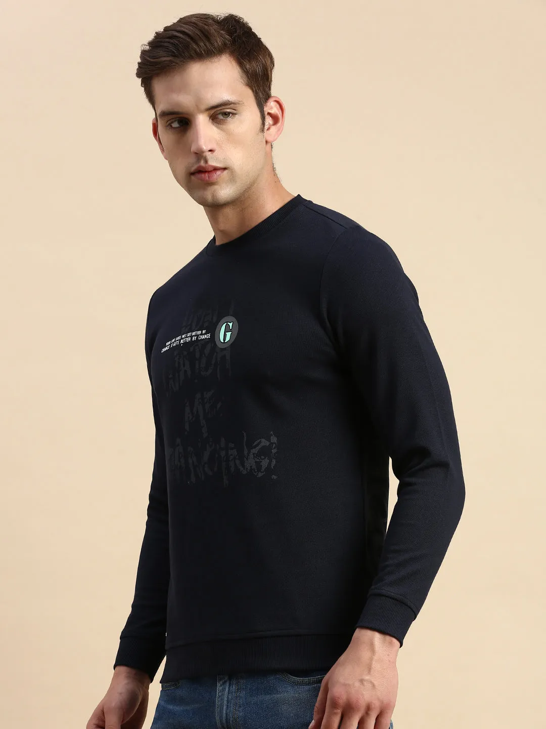 Men's Navy Blue Typography Printed Sweatshirt Lightweight Hoodie