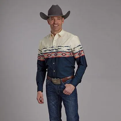 Roper Vintage Men's L/S Open Range Western Snap Shirt in Blue & Cream Casual layering piece StretchReinforcedArmholes