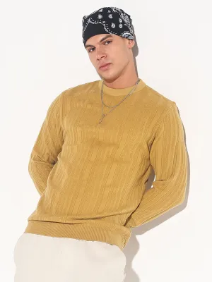 Circular Knit Lounge Vibe Men's Mustard Ribbed Round Neck Sweater