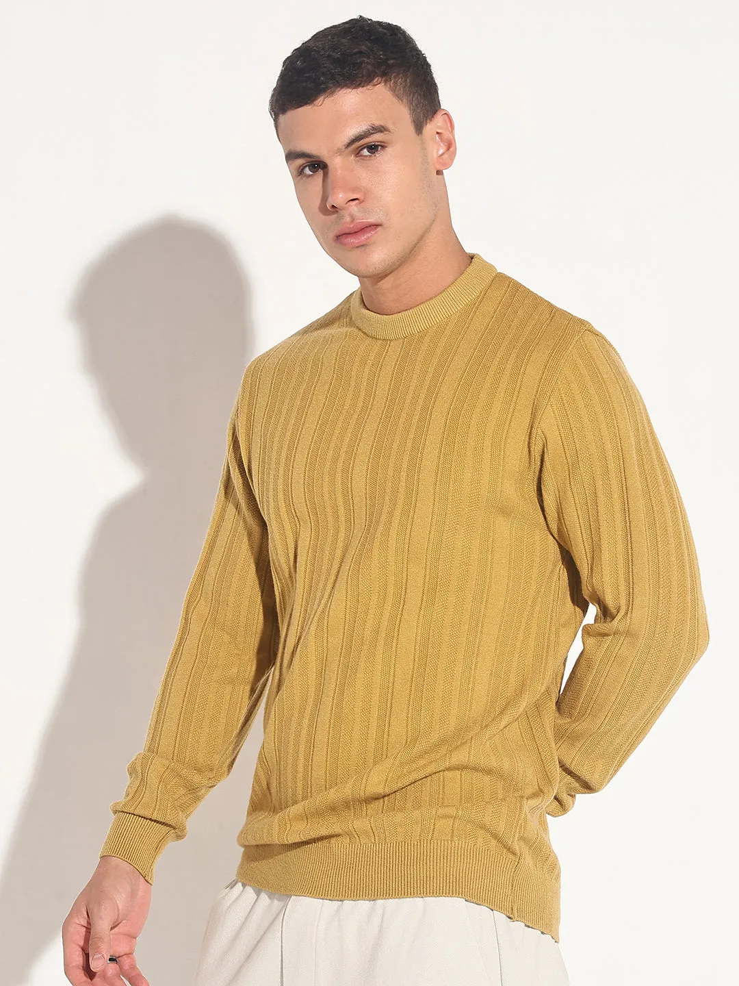 Relaxed Crew Neck Men's Mustard Ribbed Round Neck Sweater