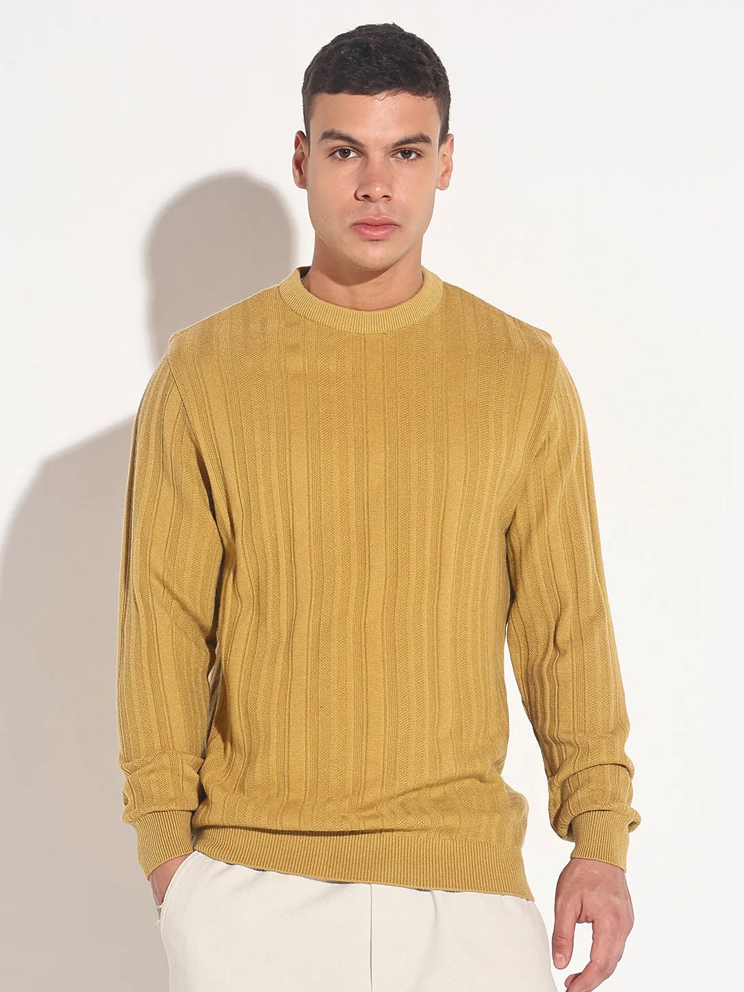 Men's Mustard Ribbed Round Neck Sweater Unstructured Fit