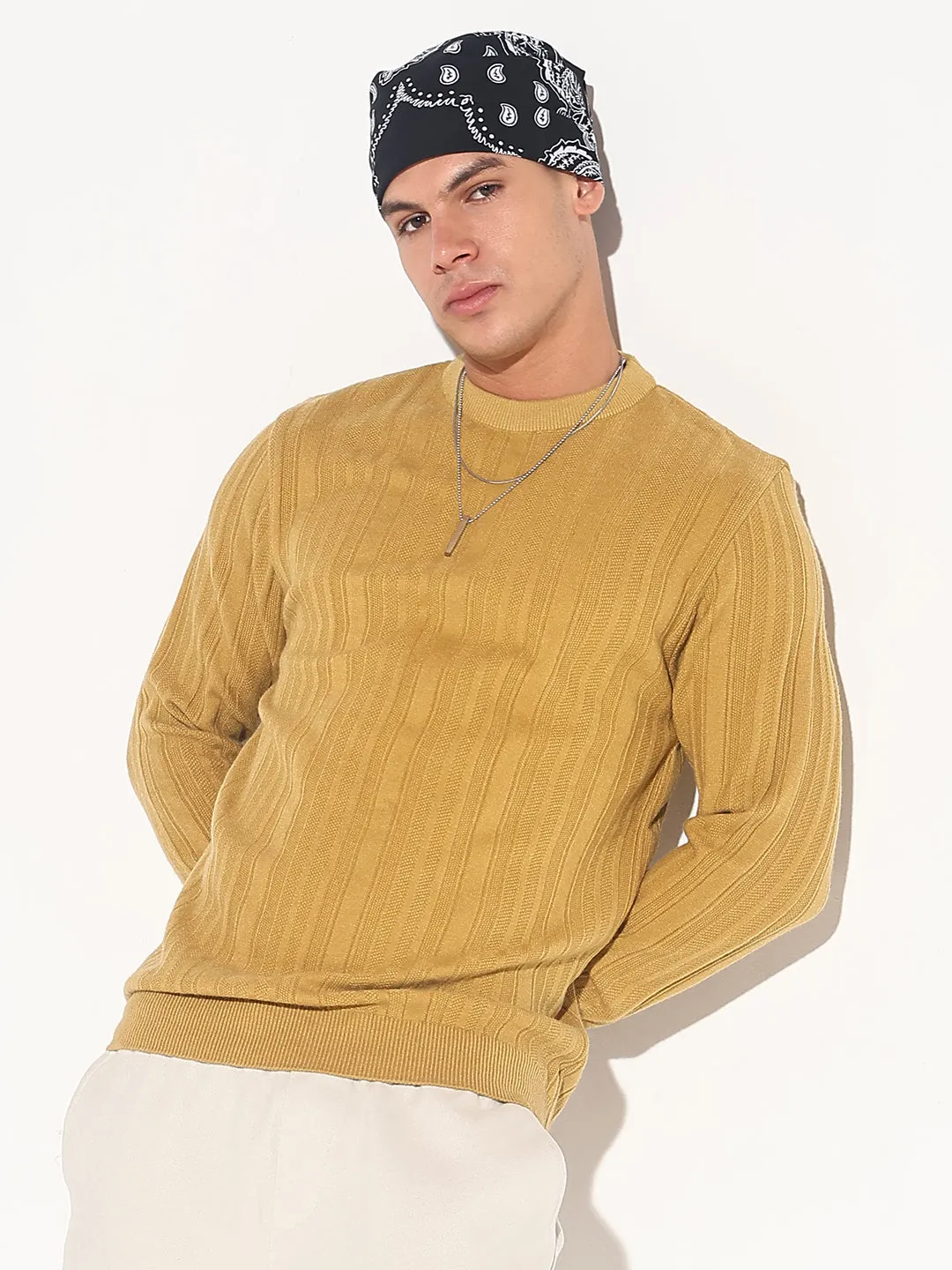 Circular Knit Lounge Vibe Men's Mustard Ribbed Round Neck Sweater