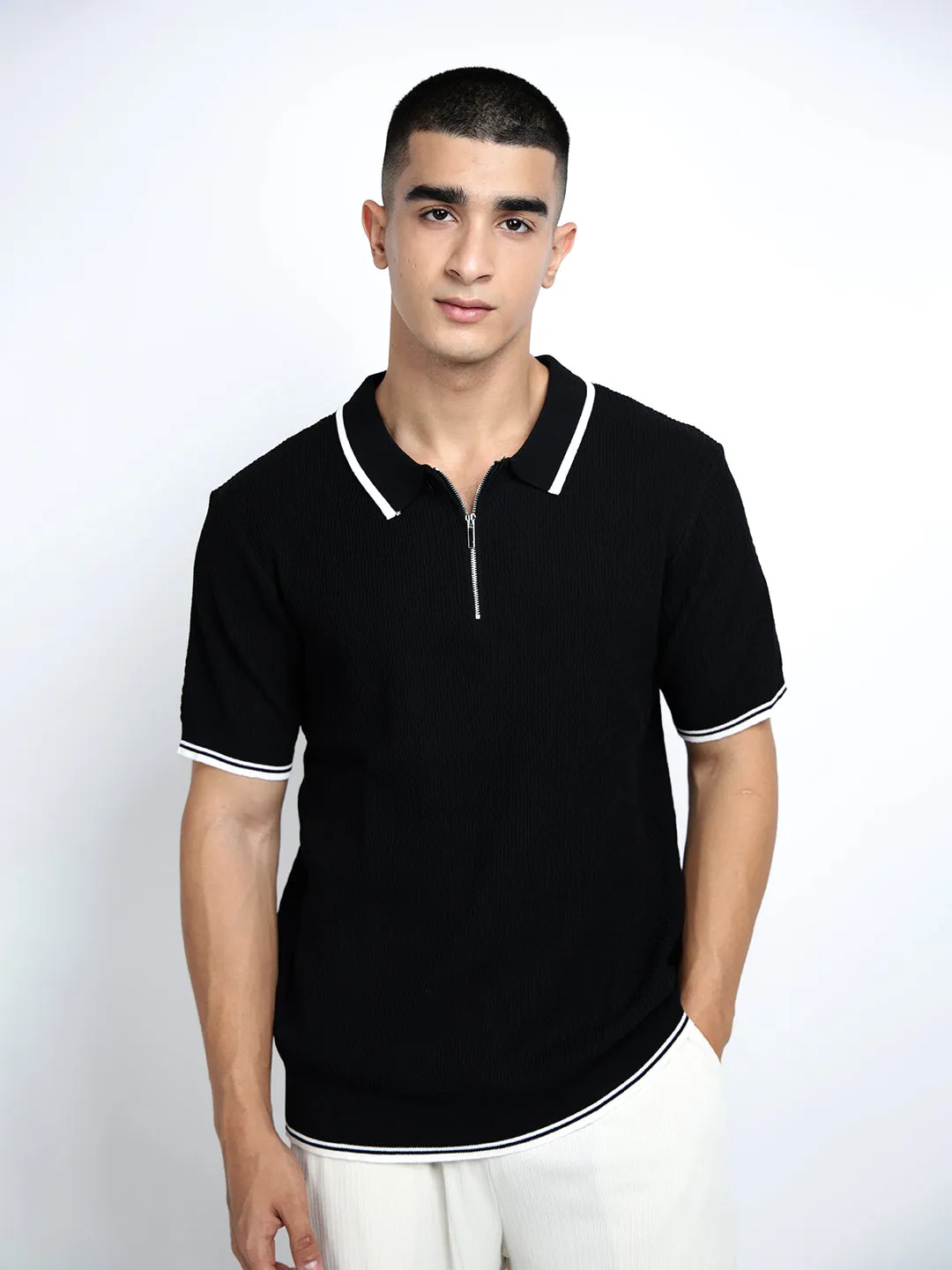 Professional Look Men's Black Short Sleeves Polo Collar Regular Fit T-Shirt with Zip Details