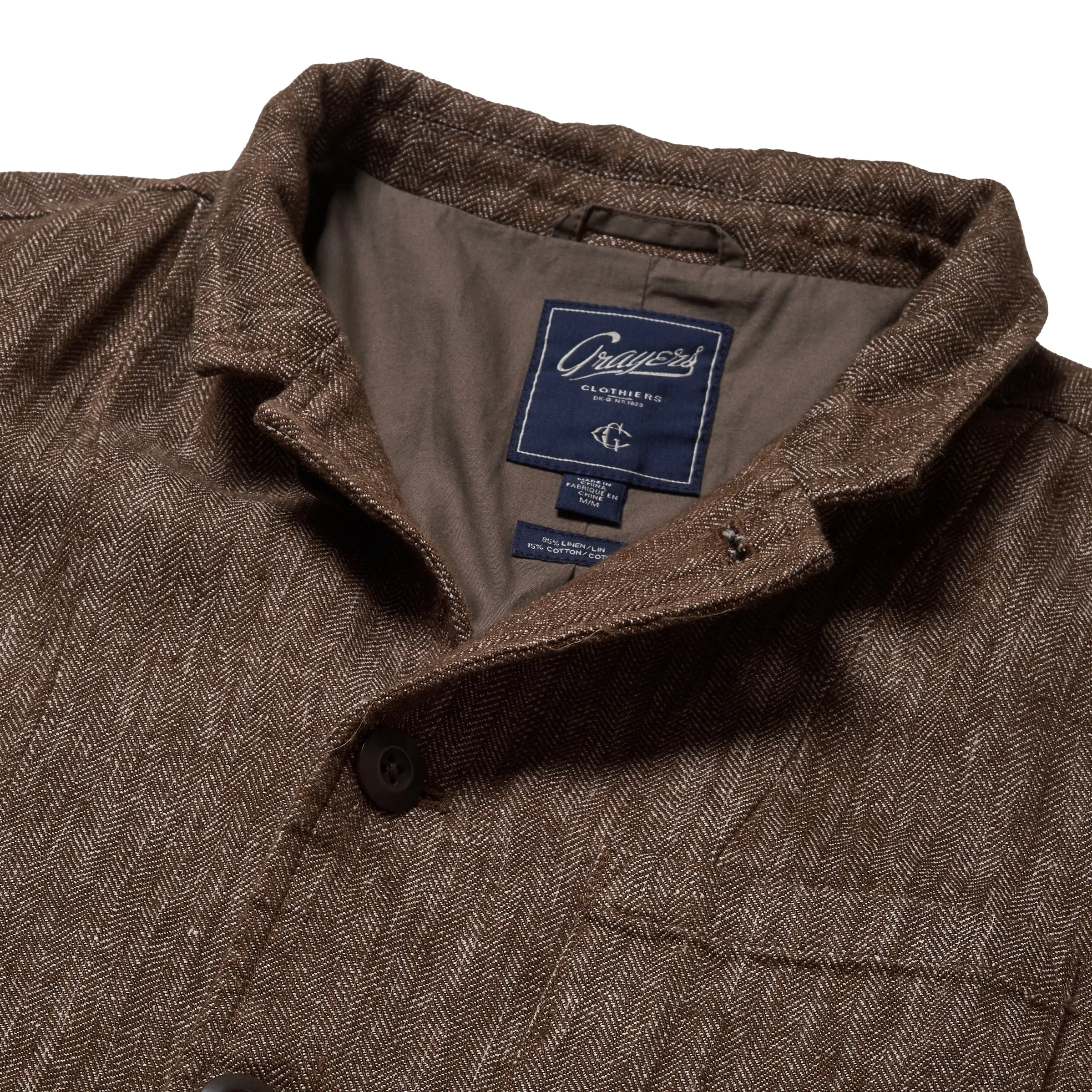 Albemarle Linen Industrial Jacket - Brown Herringbone Comfort Fit Design Functional Fit