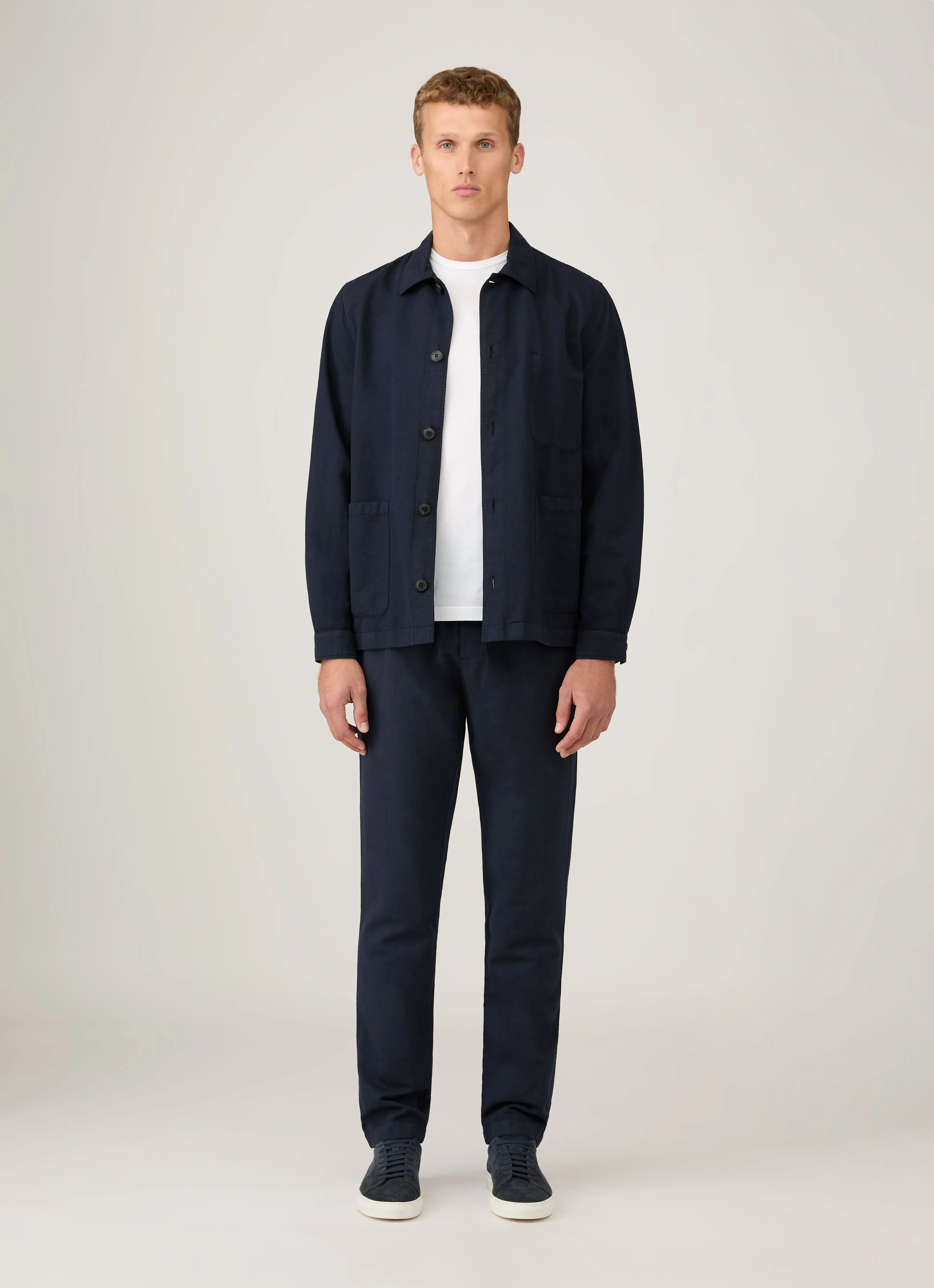 Concealed Zippers Stretch Comfort Fit Men's Cotton Linen Twin Pocket Jacket in Navy