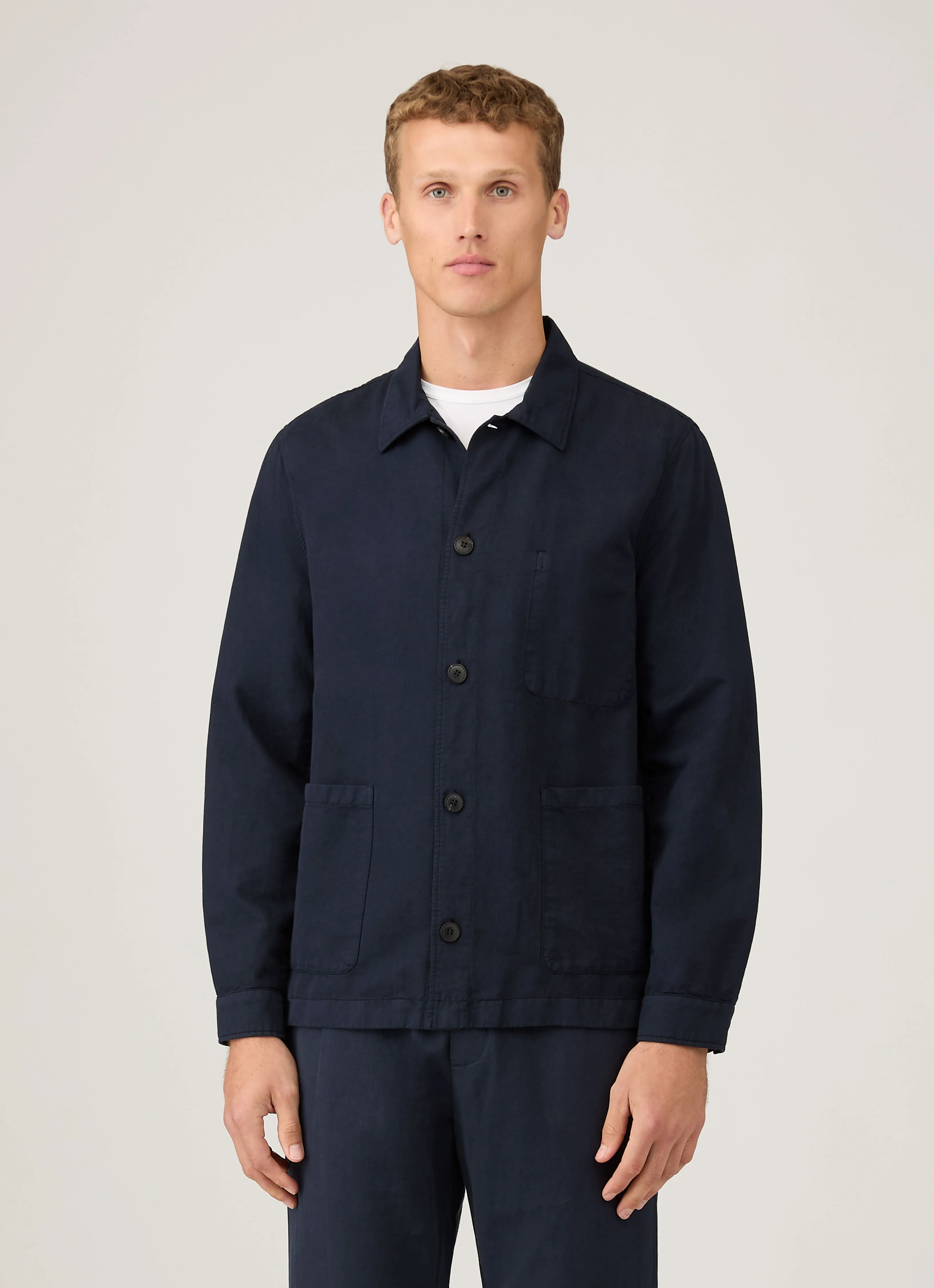 Men's Cotton Linen Twin Pocket Jacket in Navy Laser Cut Vents