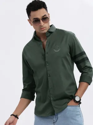 Men's Green Solid Slim Fit Casual Shirt Classic Suit Sporty Gear