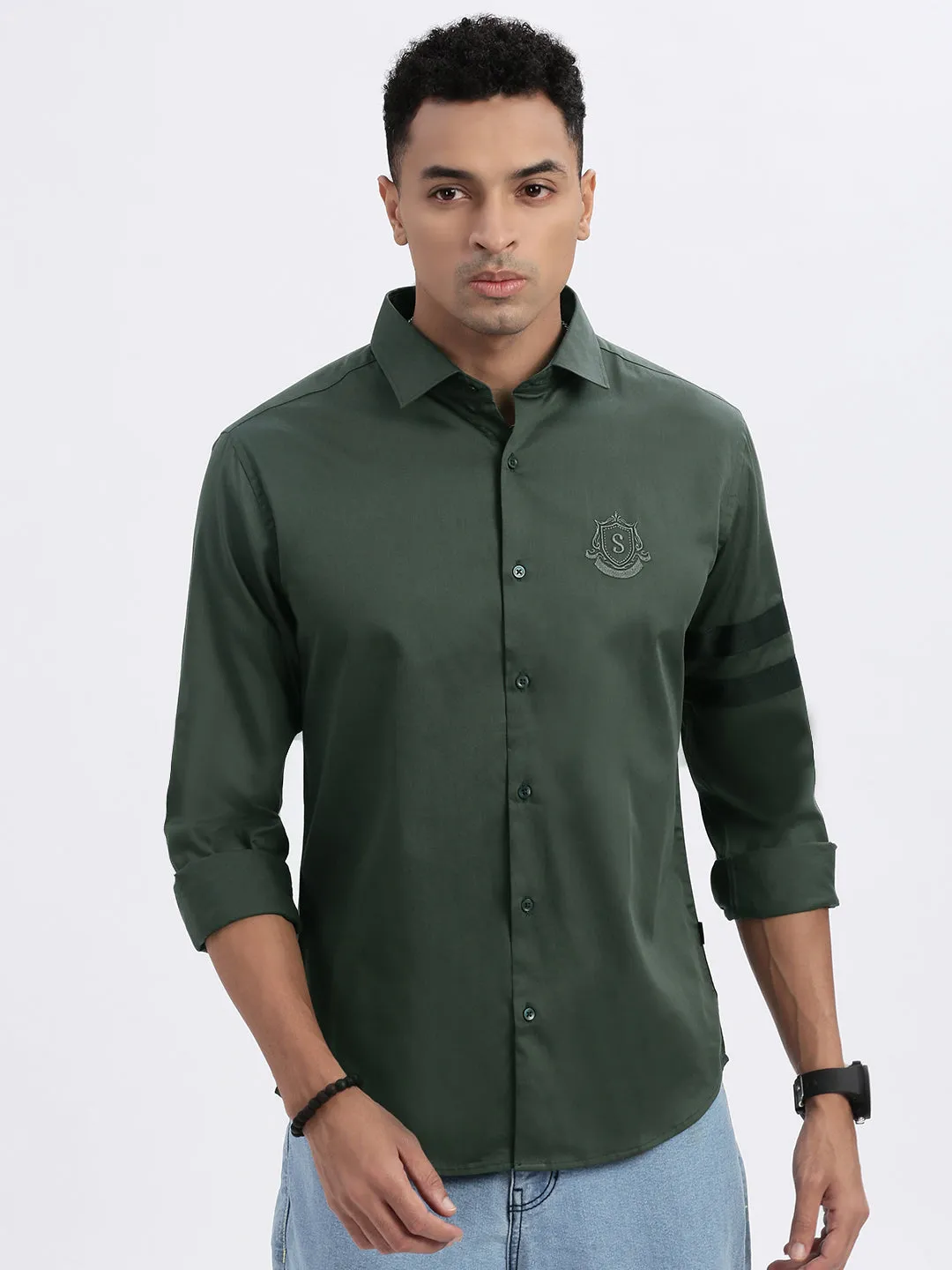 Men's Green Solid Slim Fit Casual Shirt High-Quality Fabric