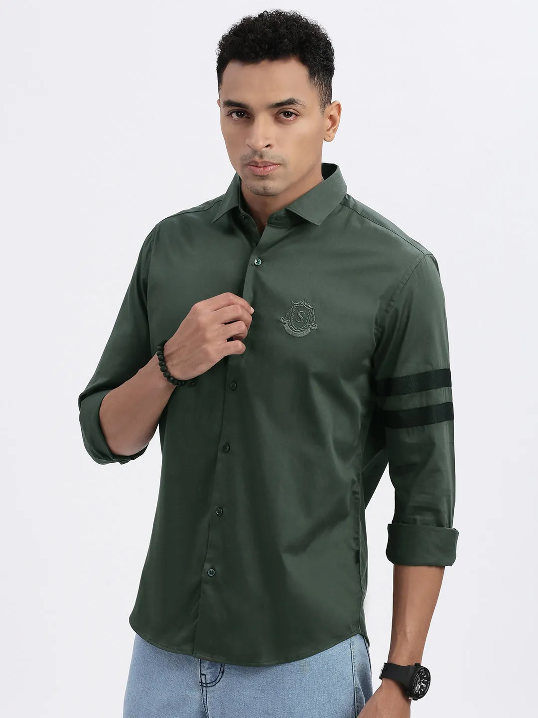 Men's Green Solid Slim Fit Casual Shirt Adaptable Outfit Rain Fit
