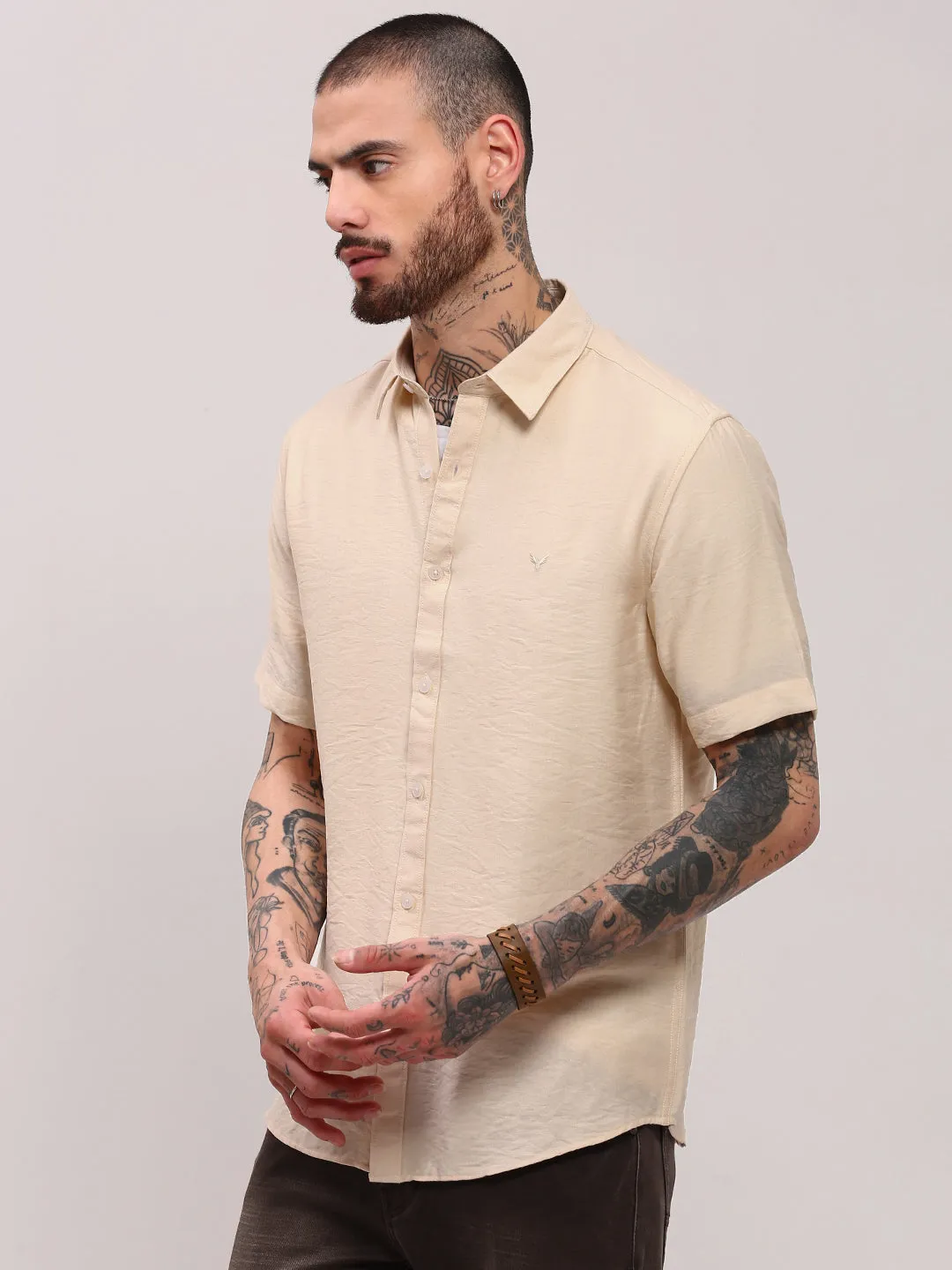 Men's Cream Solid Slim Fit Shirt Soft Tunic World Edge