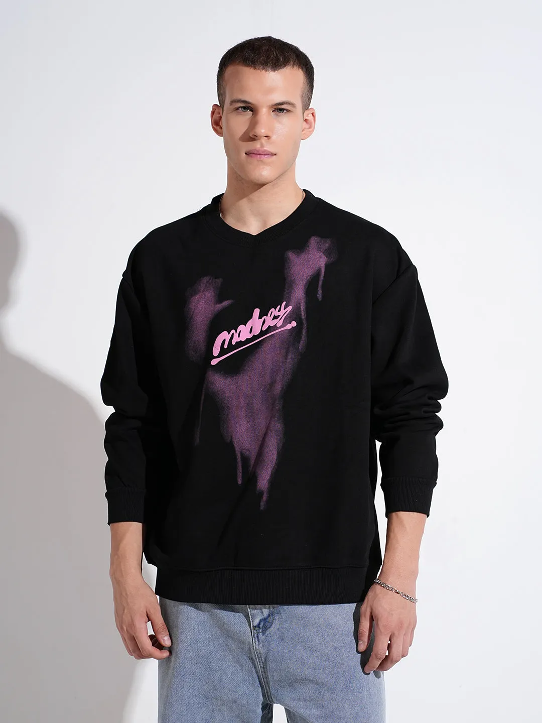 Transitional Piece Breathable Material Men's Typography Black Round Neck Regular Fit Sweatshirt
