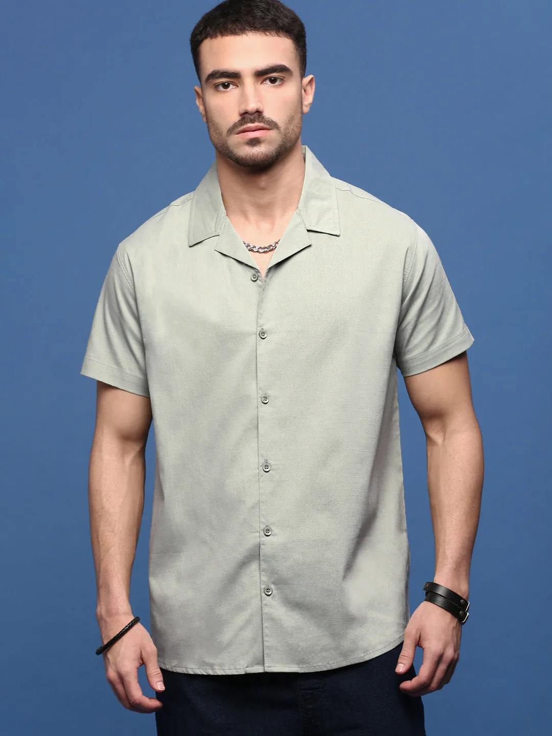 Men's Green Solid Cuban Collar Cotton Shirt Active Apparel