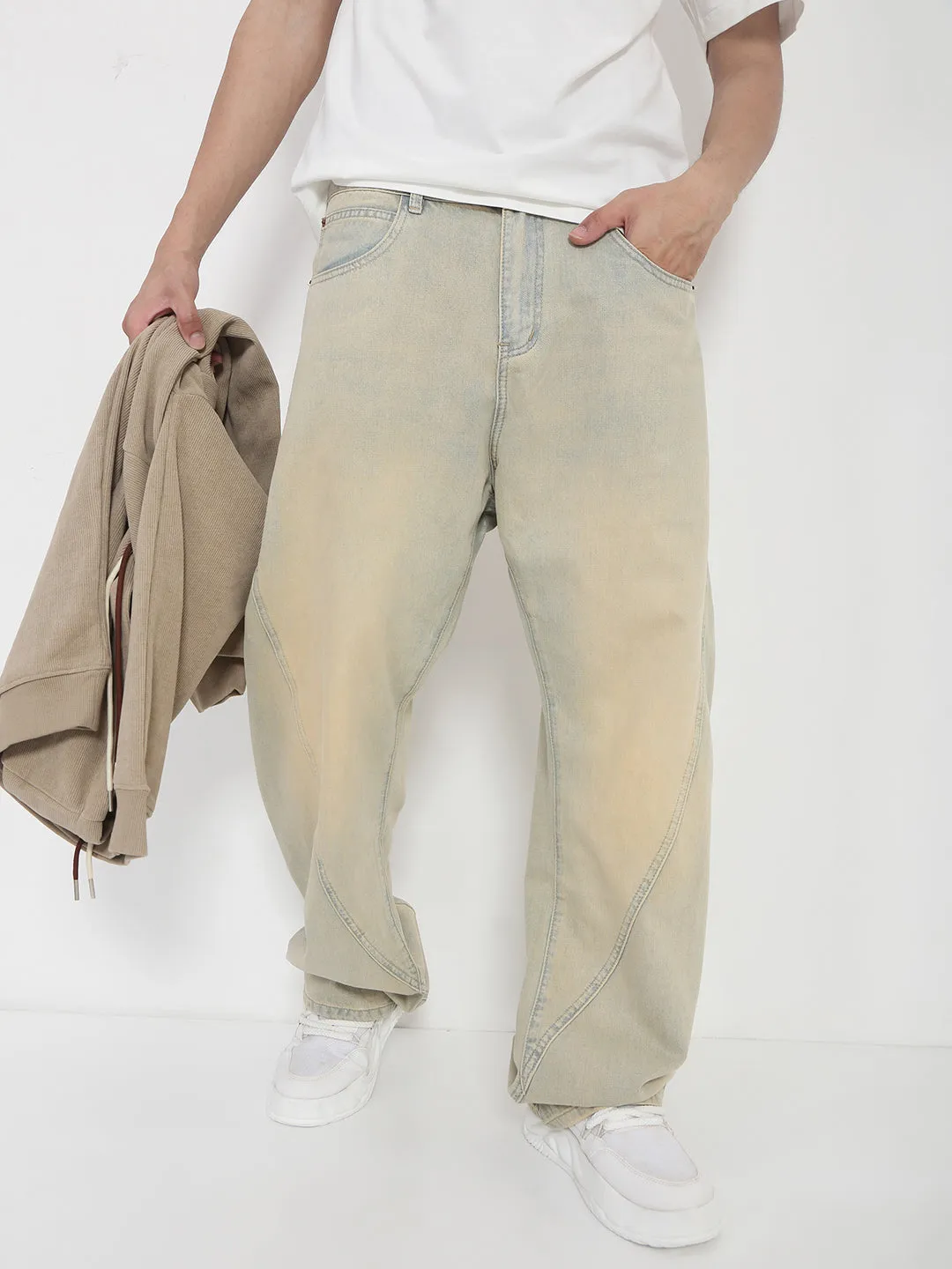 High Durability Men's Beige Baggy Fit Jeans