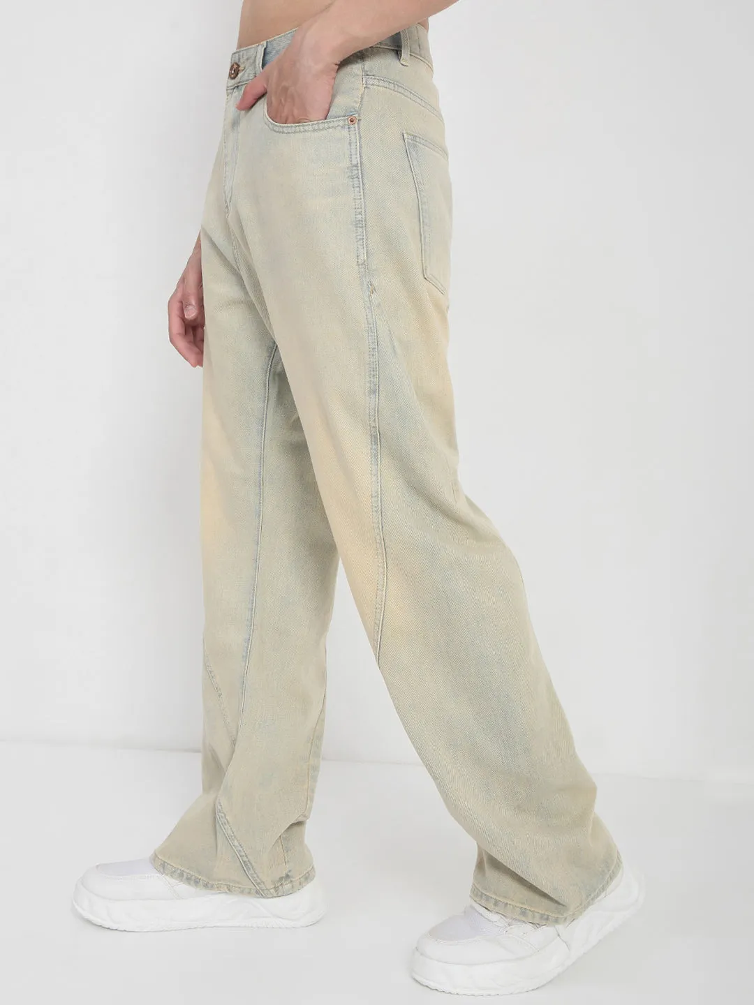 Men's Beige Baggy Fit Jeans Formal Classic Wear Loose Core Look