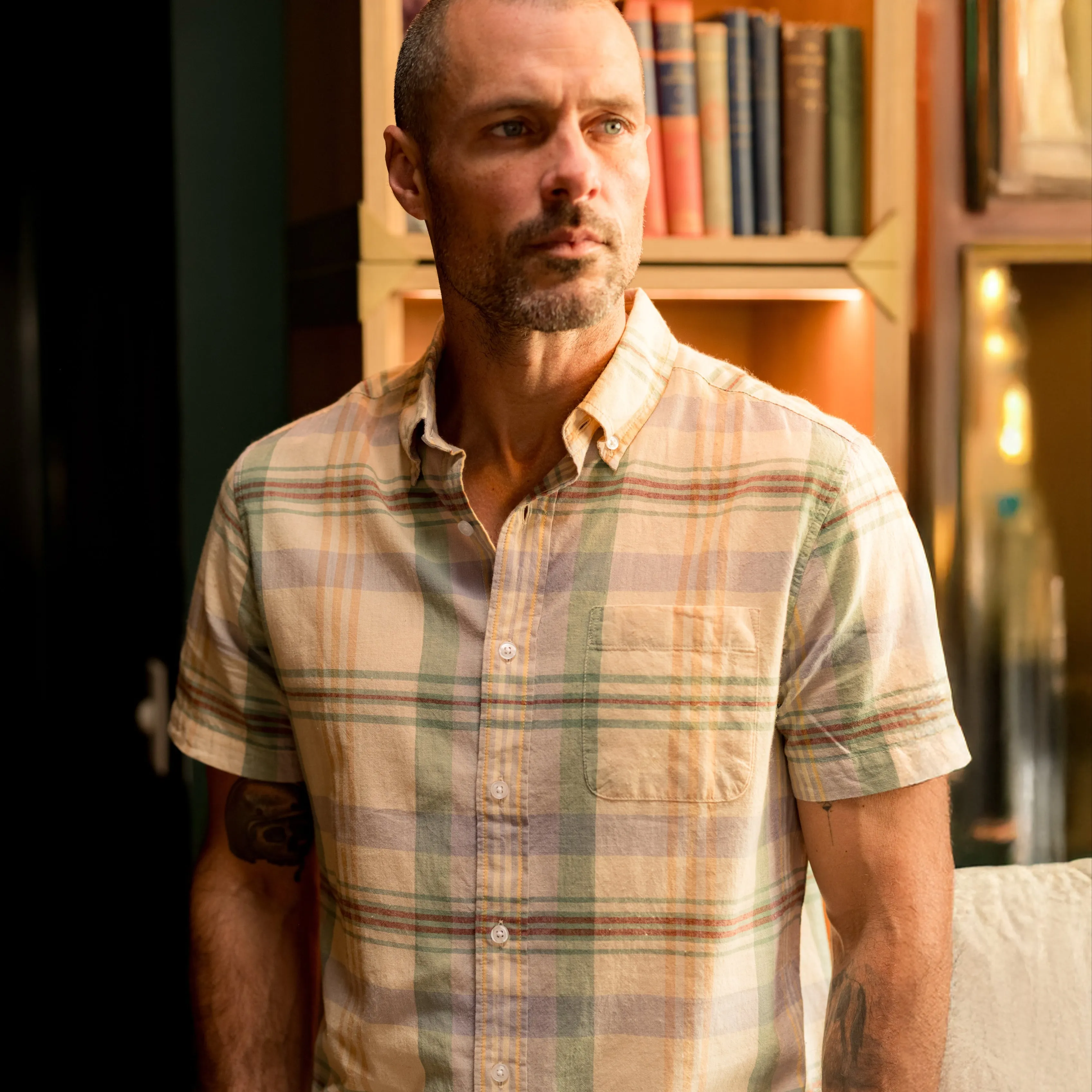 Soft and Stretchy Cool Design Classic Madras Plaid Short Sleeve Shirt - Lt Blue Cream Plaid