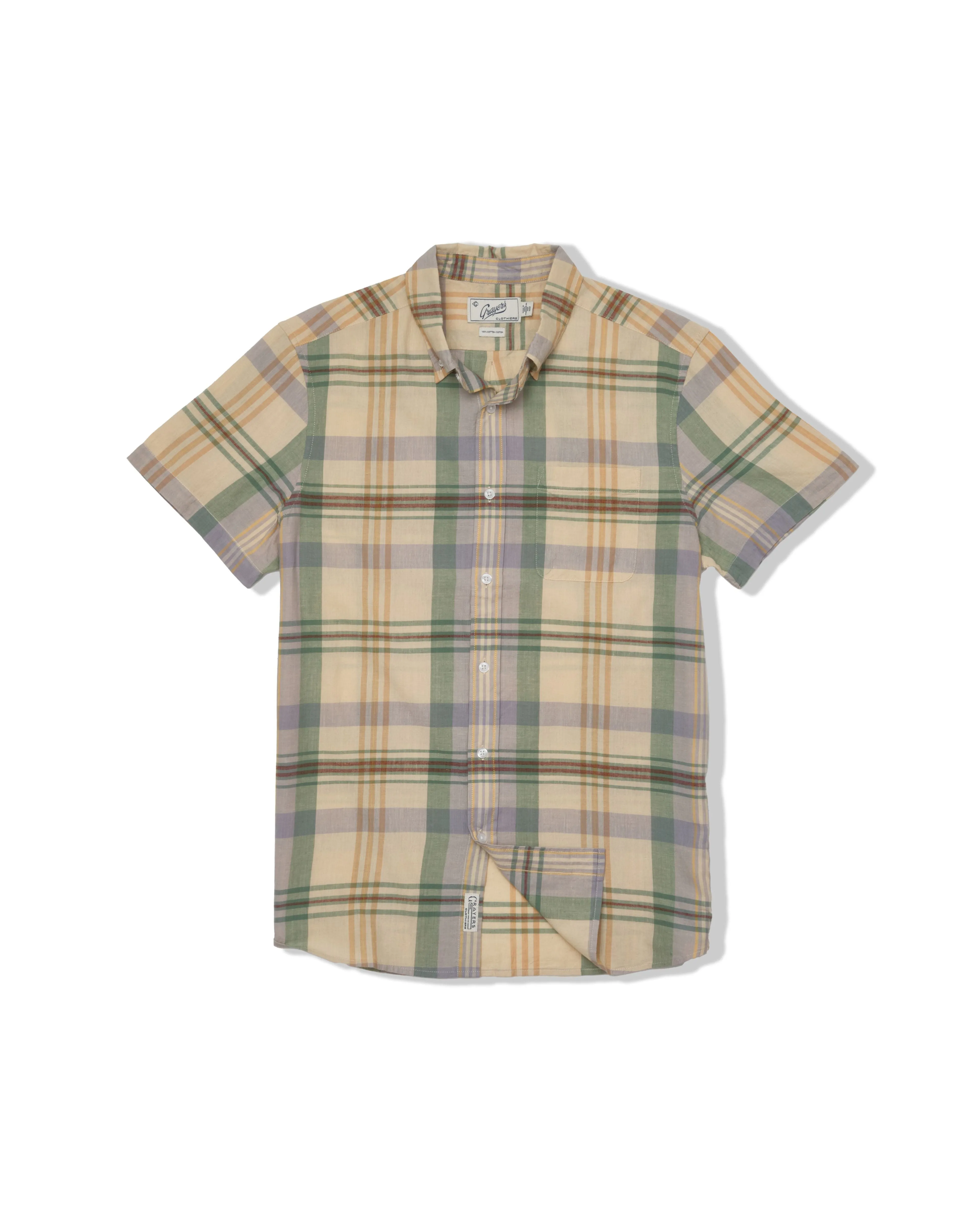 brandable Classic Madras Plaid Short Sleeve Shirt - Lt Blue Cream Plaid