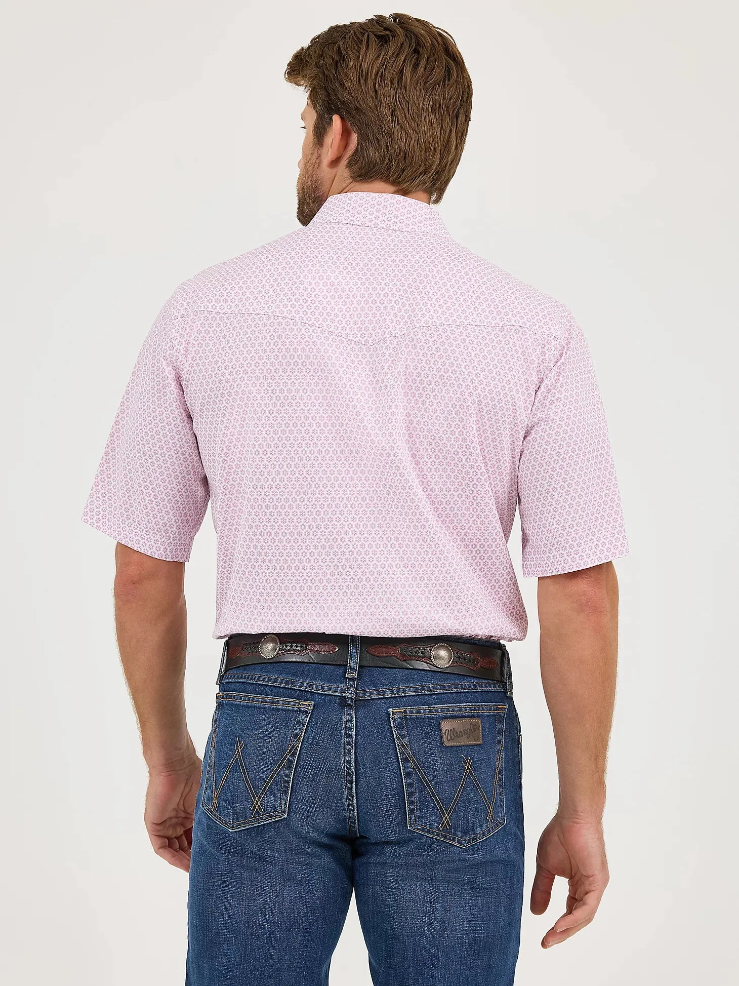 Wrangler Men's 20X Competition S/S Western Snap Shirt in Pink Sangria Burst Playful Design Soft Layering