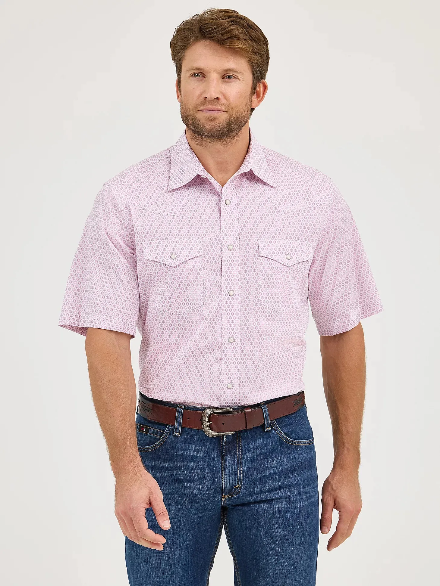 ethical Wrangler Men's 20X Competition S/S Western Snap Shirt in Pink Sangria Burst