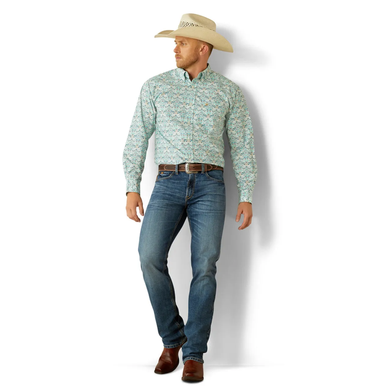 AntiStaticLining Sleek Performance Wear Ariat Men's L/S Jerome Classic Fit Western Button Down Shirt in Teal Paisley