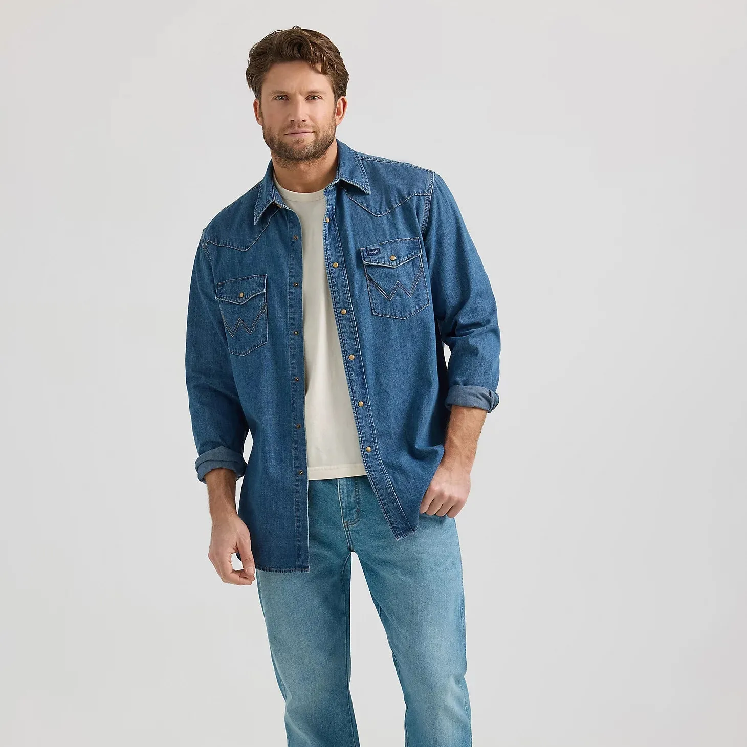 Wrangler Men's L/S Classic Denim Western Snap Shirt in Mid Wash (Tall Sizes Available) Light Trend Valentine's Day